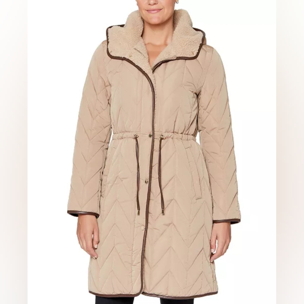 Vince Camuto Tan Quilted Coat with Brown Trim
